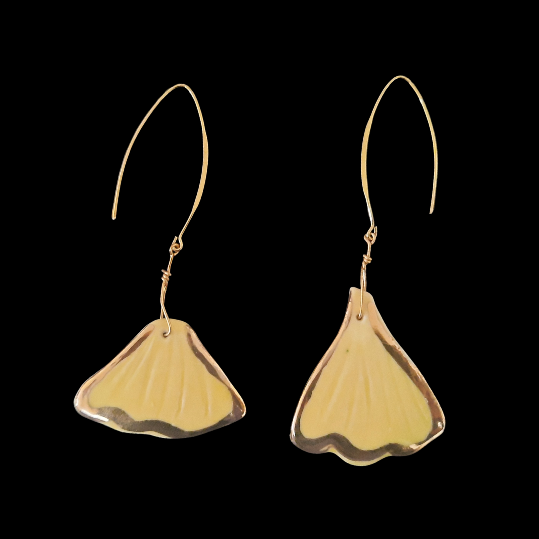 GINKGO LEAF PORCELAIN with GOLD EARRINGS- Long Gold Loops