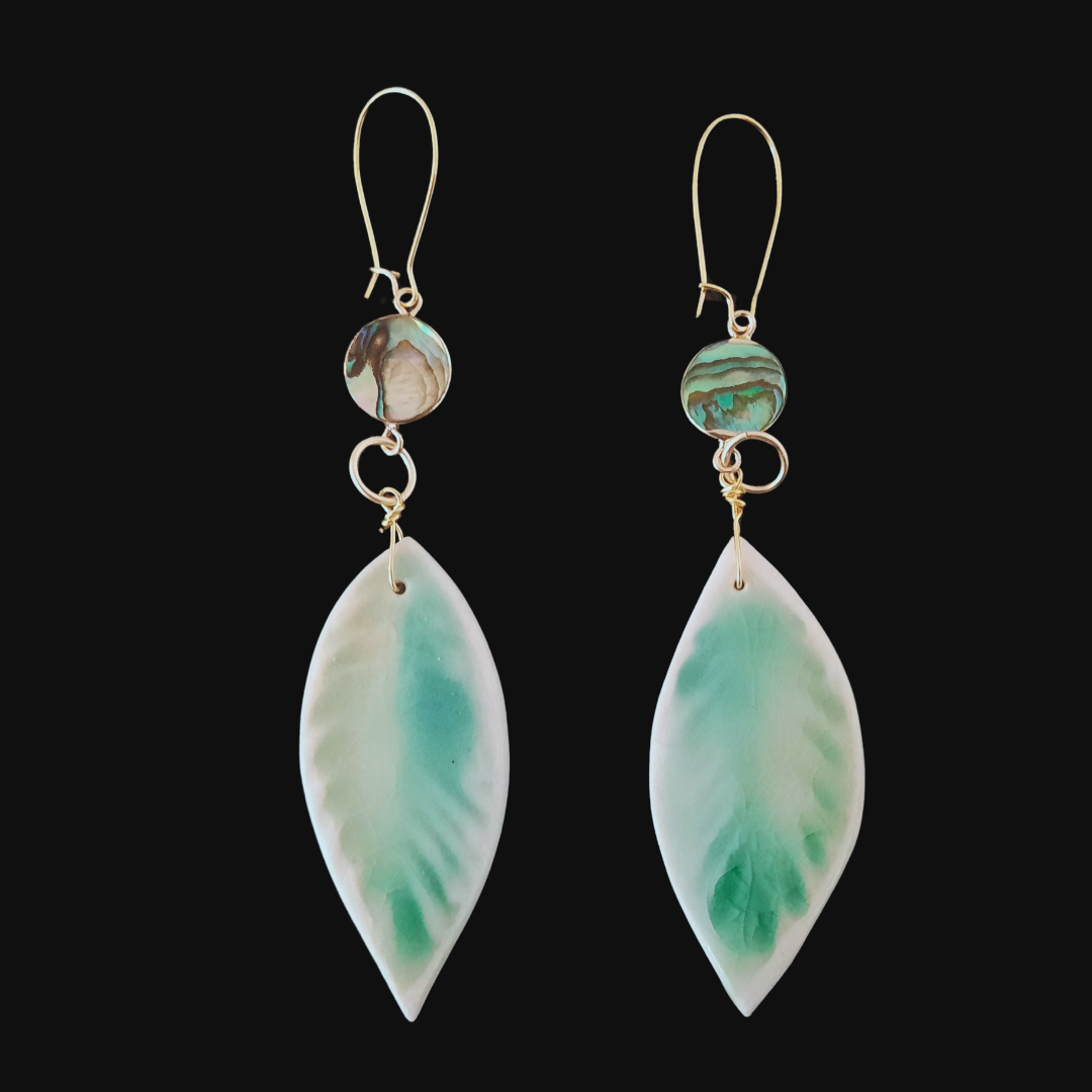 GREEN WILLOW LEAF EARRINGS, PORCELAIN- AQUA GLAZE + ABALONE FOCAL