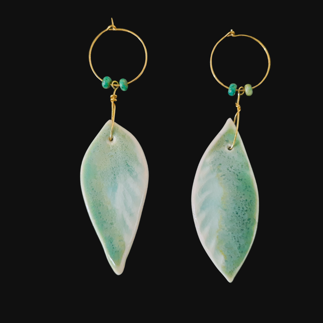 LEAF EARRINGS- PORCELAIN-JADE-AQUAS + TURQUOISE BEADS, ROUND LOOPS