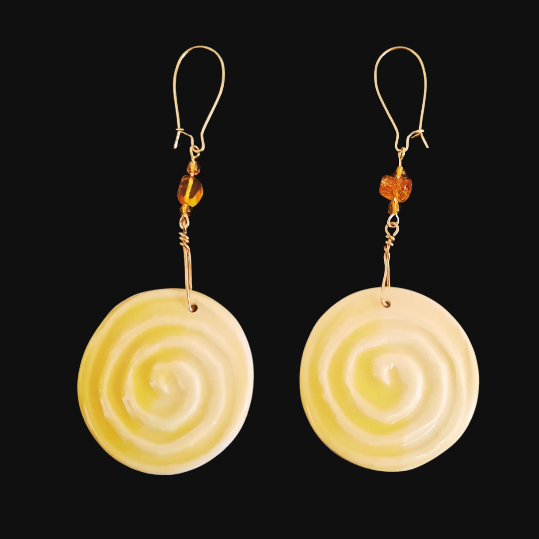 SPIRAL PORCELAIN EARRINGS- Honey Amber Glaze + Amber Beads