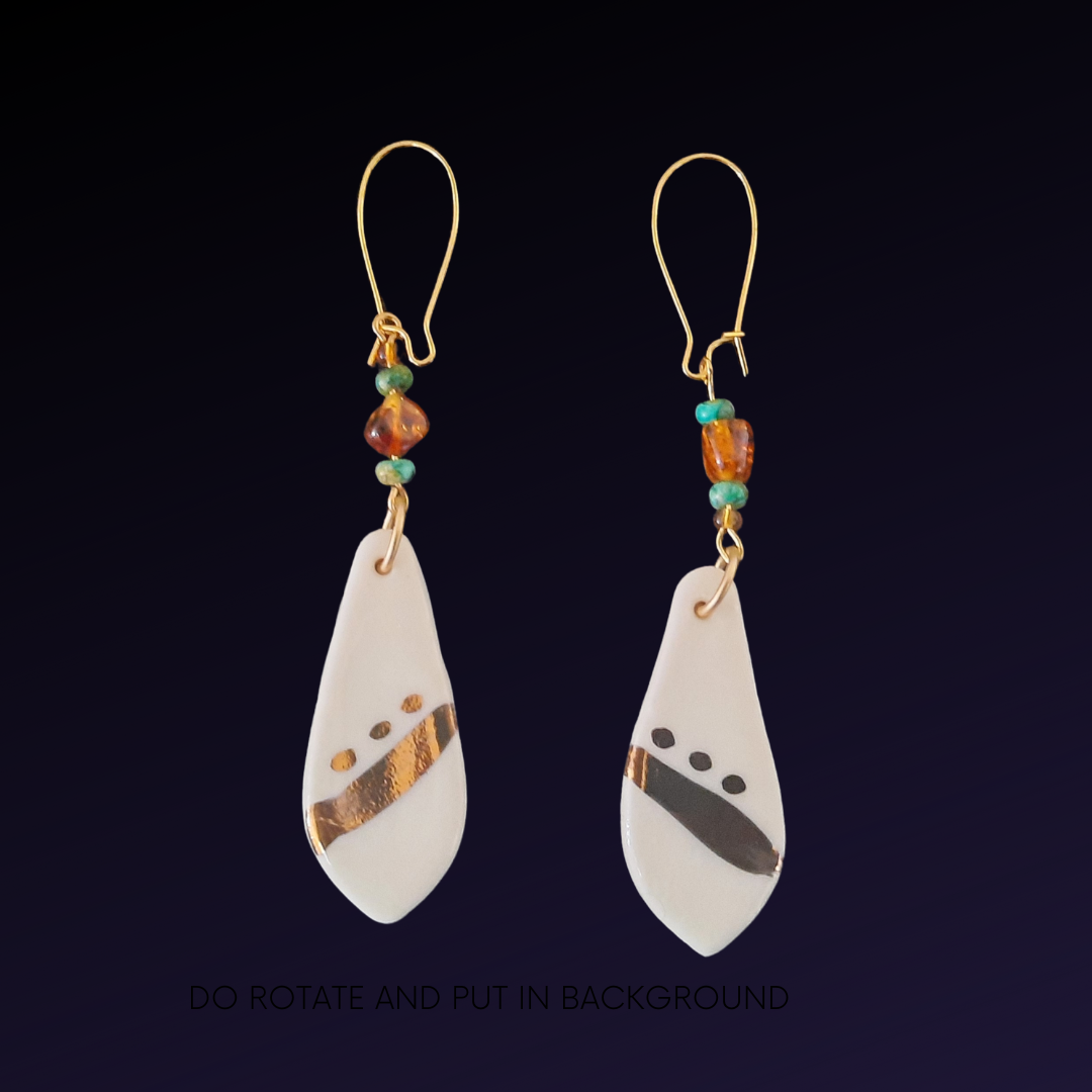 WHITE with 22 KARAT GOLD GLAZE-EARRINGS- PORCELAIN AMBER & TURQUOISE BEADS