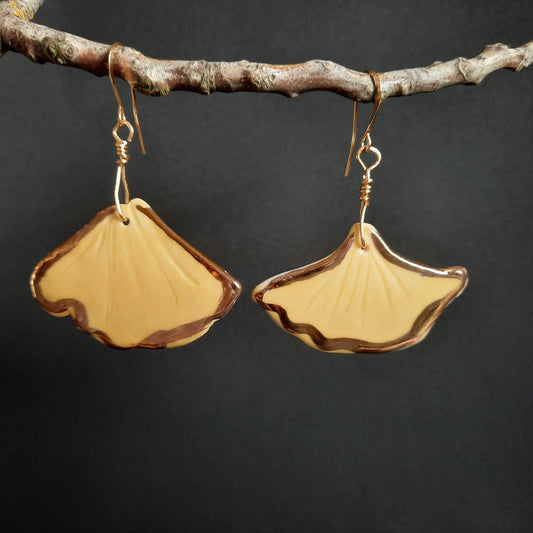 GINKGO: PORCELAIN and GOLD Handmade Earrings- Nature Inspired (dangle/drop style)