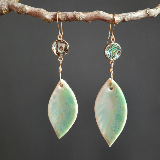 JADE-GREEN LEAF Earrings- Porcelain with Abalone, Gold focal : Handmade, One of a kind.