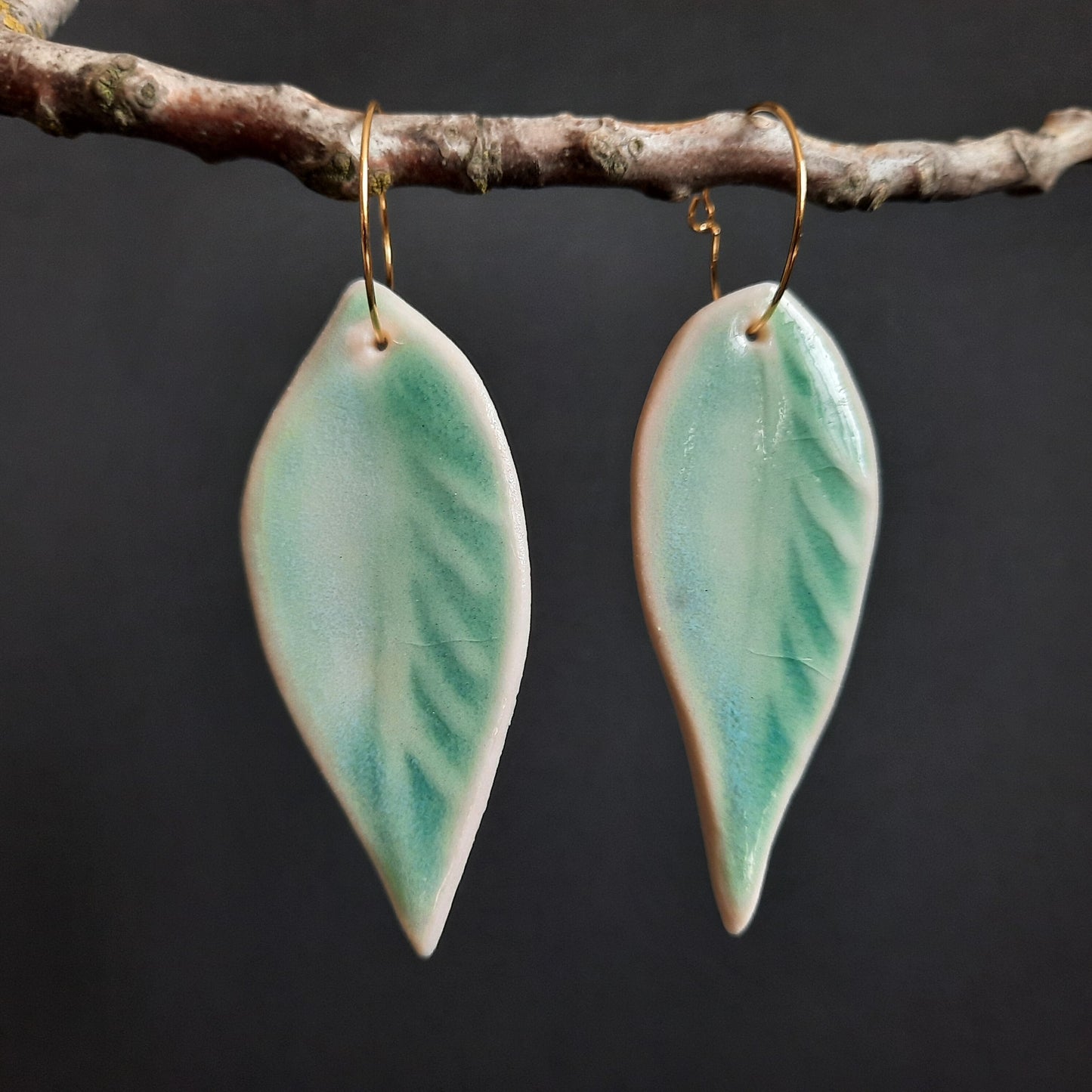 JADE-AQUA-Green Leaf Earrings- PORCELAIN, Celadon Glazed Handmade, One of a kind, minimalist