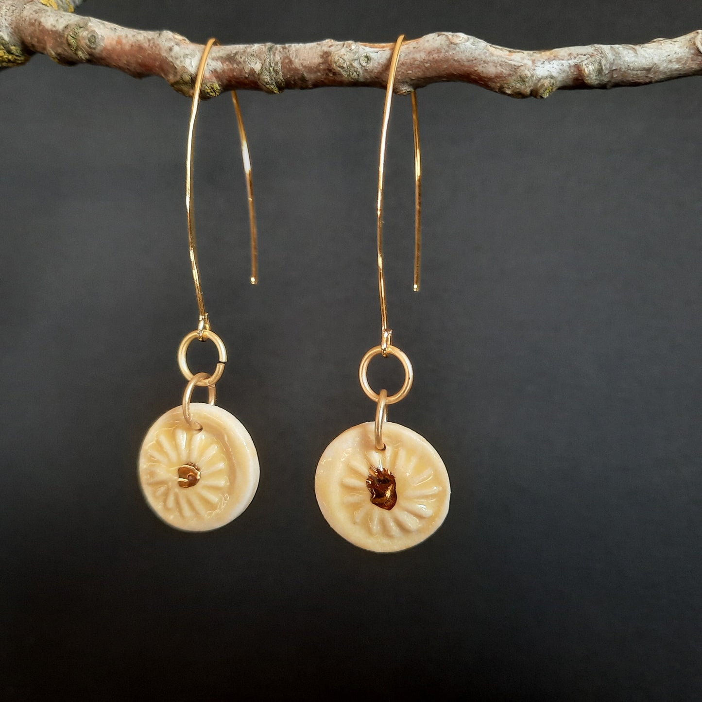 PORCELAIN and GOLD EARRINGS- with 22 Karat Gold Glaze: Handmade, Art Design, One of a kind