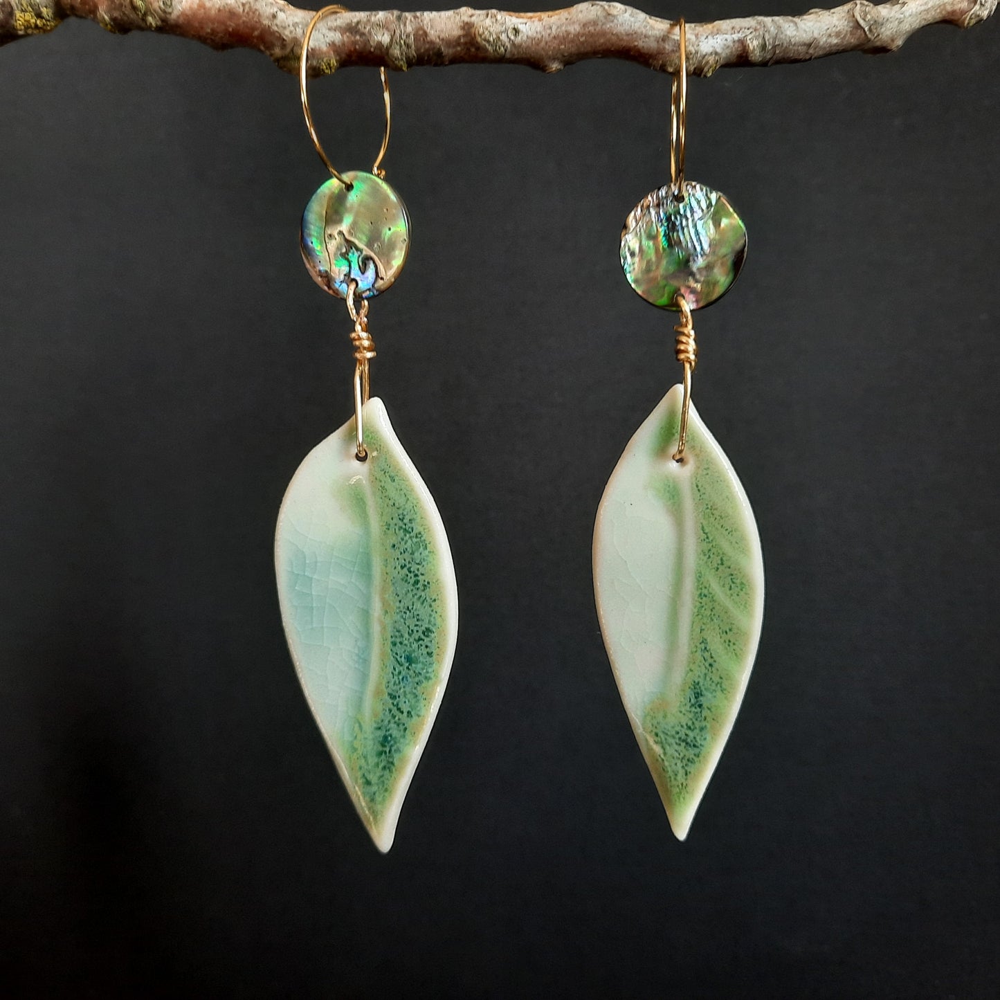 JADE-GREEN LEAF Earrings- Porcelain with Abalone Focal : Handmade, One of a kind.