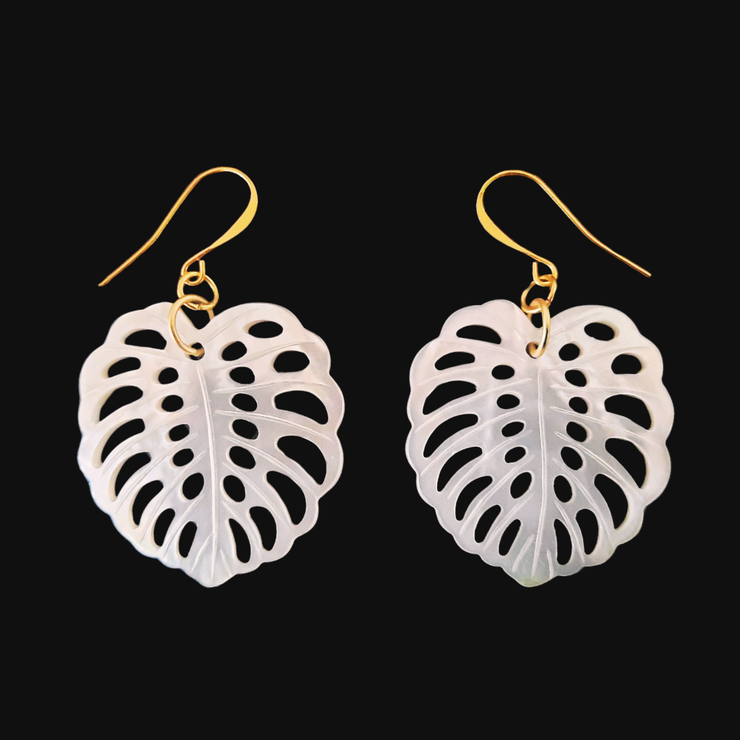 TROPICAL LEAVES SEASHELL (PEARLESCENT) EARRINGS-GOLD HOOK LOOPS