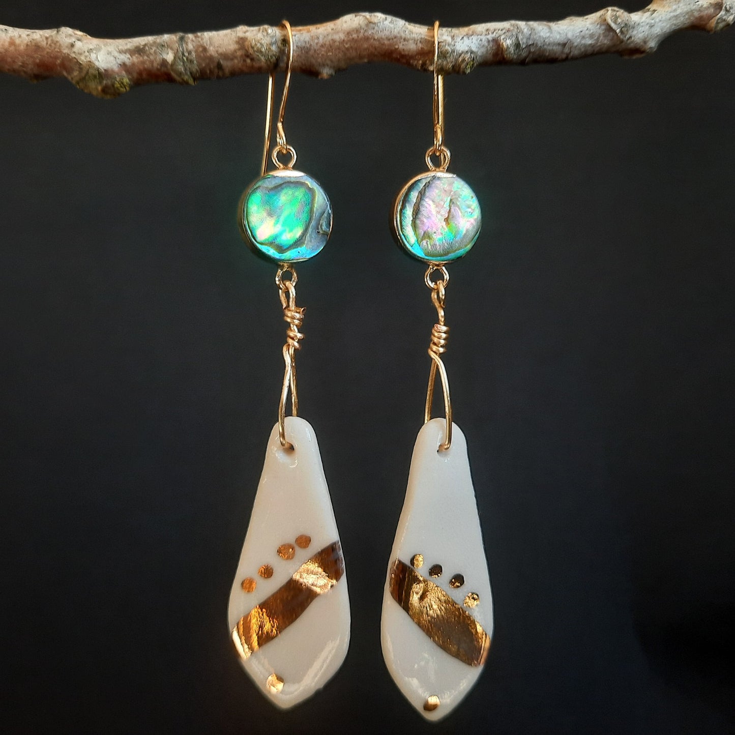 PORCELAIN WHITE + GOLD Earrings- with 22 Karat Gold Glaze: Handmade, Art Design