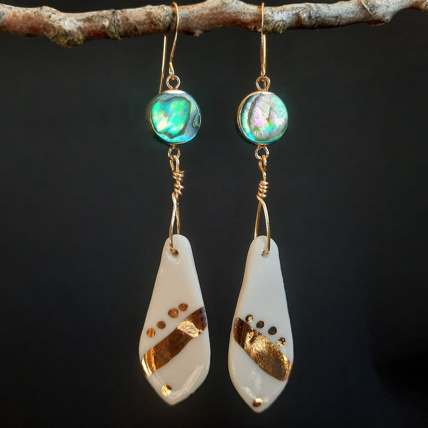 PORCELAIN WHITE + GOLD Earrings- with 22 Karat Gold Glaze: Handmade, Art Design