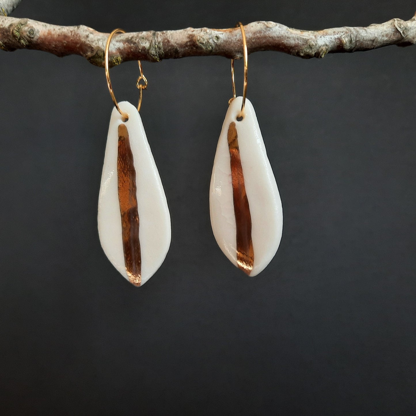 PORCELAIN and GOLD EARRINGS- with 22 Karat Gold Glaze: Handmade, Art Design, One of a kind