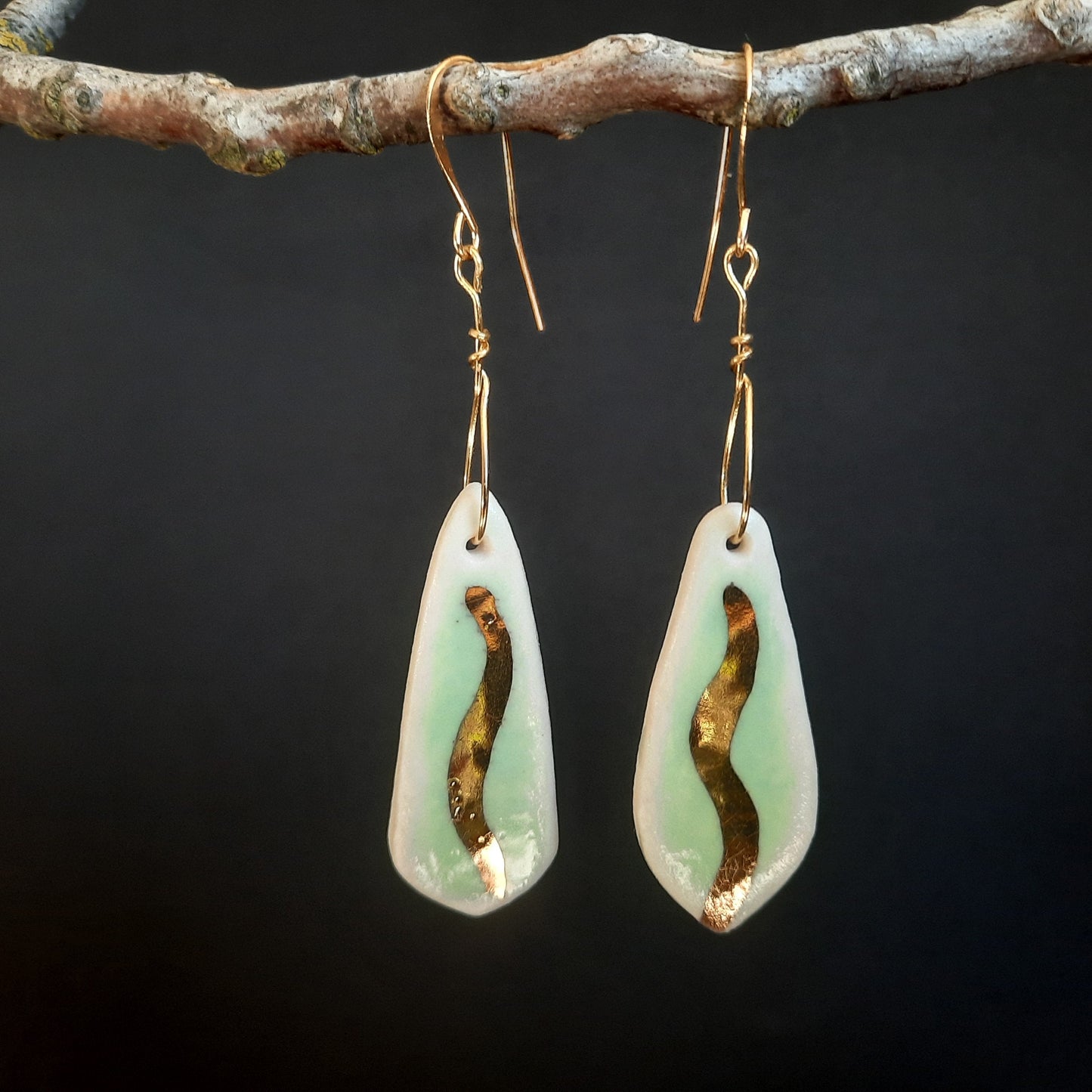 JADE-GREEN PORCELAIN + Gold Earrings- with 22 Karat Gold Glaze : Handmade, Art Design, One of a kind.