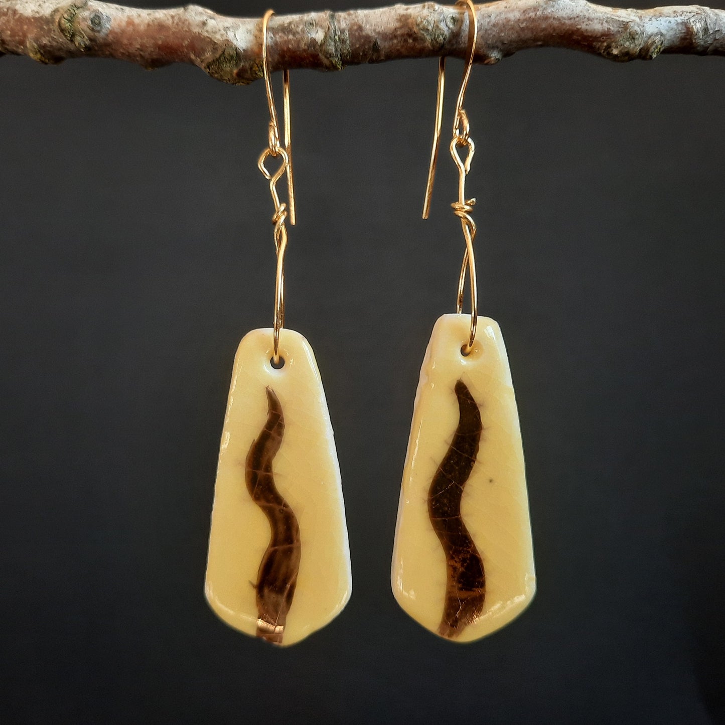 PORCELAIN and GOLD EARRINGS Honey Amber Glaze- with 22 Karat Gold Glaze: Handmade, Art Design, One of a kind